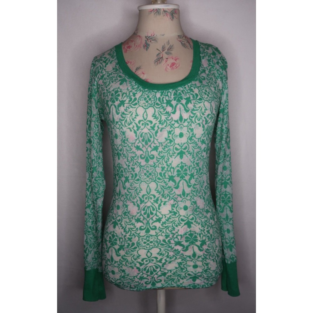 Y2K BKE Fairy Grunge Green Damask Thermal Top Boho Indie Coquette Women's M FLAW